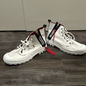 New white Palladium high top sneakers